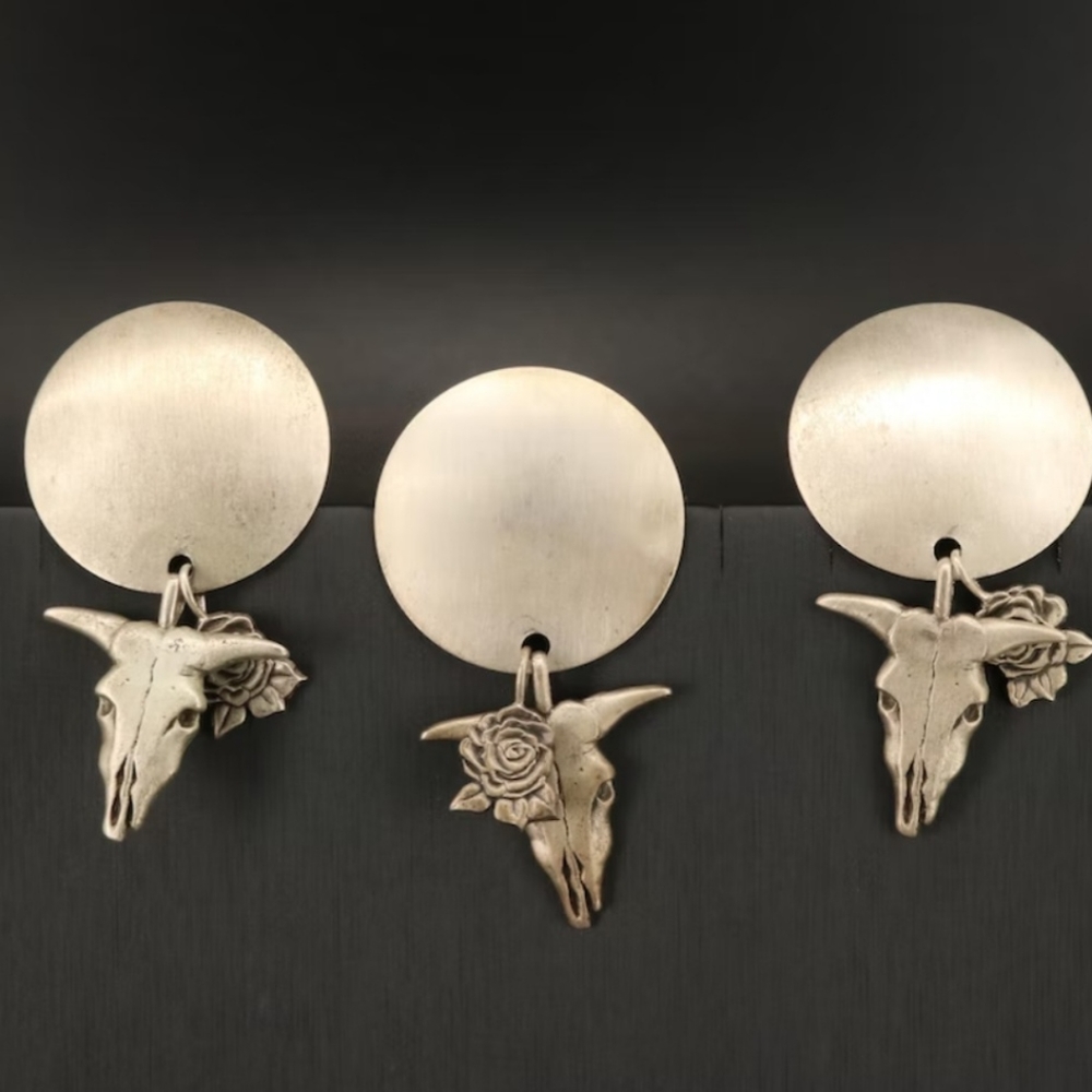 Audrey Schenk STERLING silver earrings Brooch rose steer head